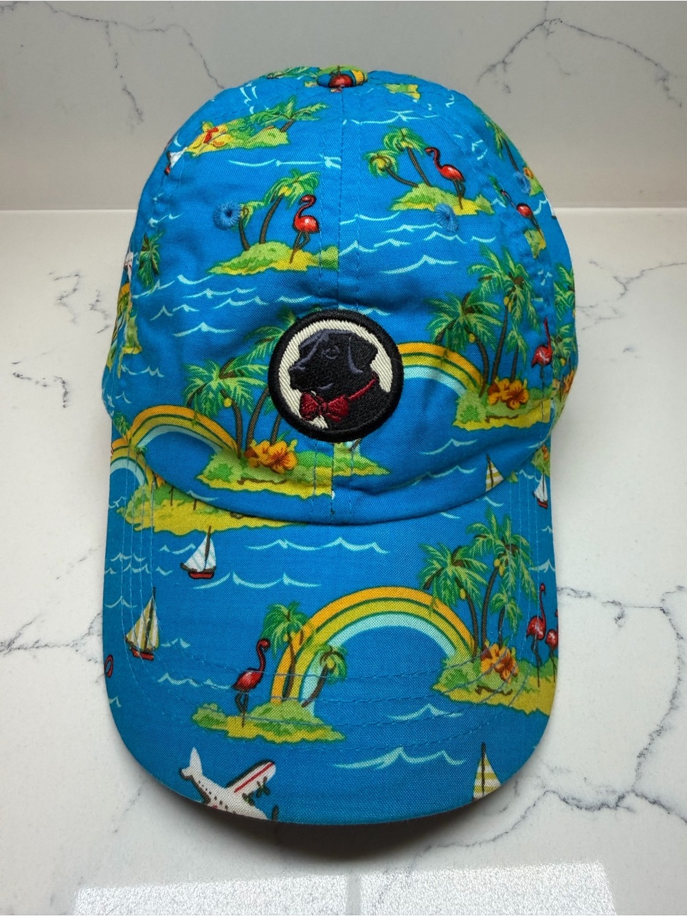 Southern Proper Tropical Blue Baseball Cap with Flamingo & Rainbow Print